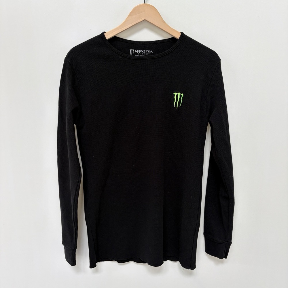 Monster Energy Waffle Knit Thermal Shirt Mens L Black Long Sleeve Embroidered